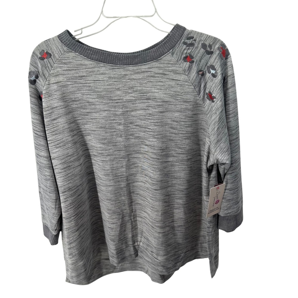 Secret Treasures Womens Grey Space Dye Pajama Top Leopard Embroidery L 12-14 NEW